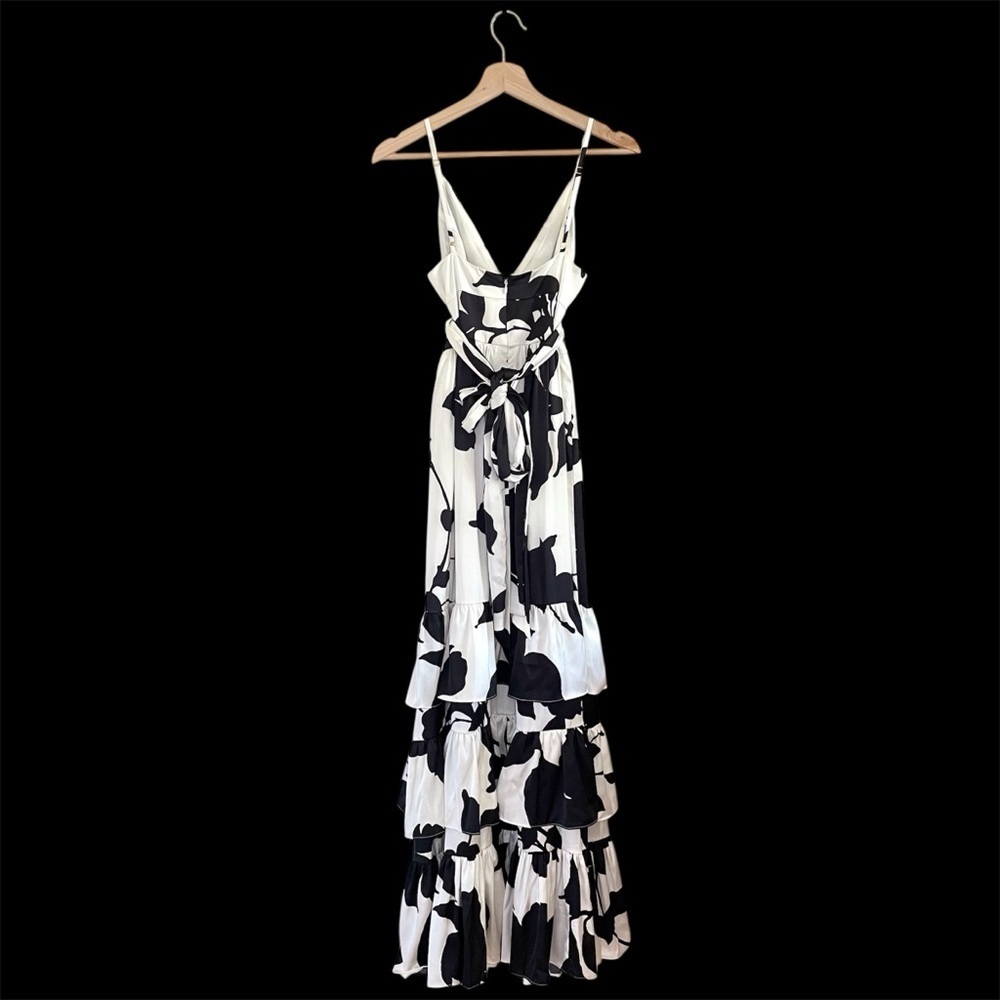 Anthropologie Hutch Guthrie Floral Satin Ruffle Hem Maxi Dress Black White 0 - Picture 6 of 16